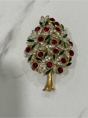 Gold-Tone Red and Green Tree Brooch with Clear Crystals